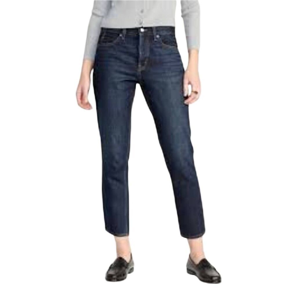 Old Navy Women's Dark Wash High Rise Button Fly Slouchy Straight Cotton Jeans